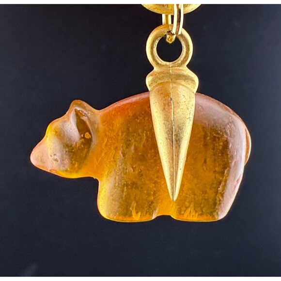 Vintage Bear Gold Tone Dangle Pierced Ear Earrings Pressed Molded Amber (?) - Picture 6 of 12